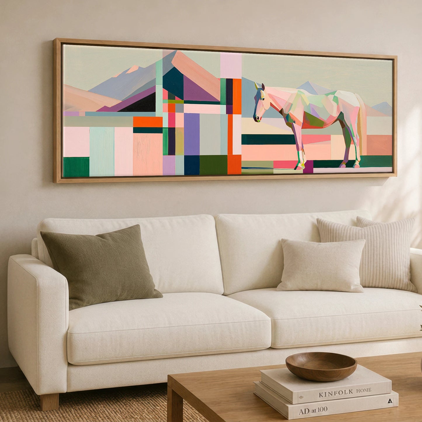 Faceted Equine Horizon Horse Landscape panoramic canvas wall art displayed above a sofa