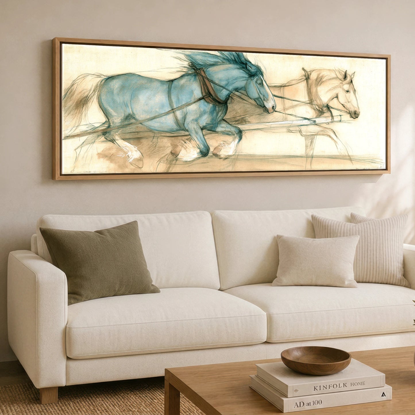 The Blue Draught Team Working Horse panoramic canvas wall art displayed above a sofa