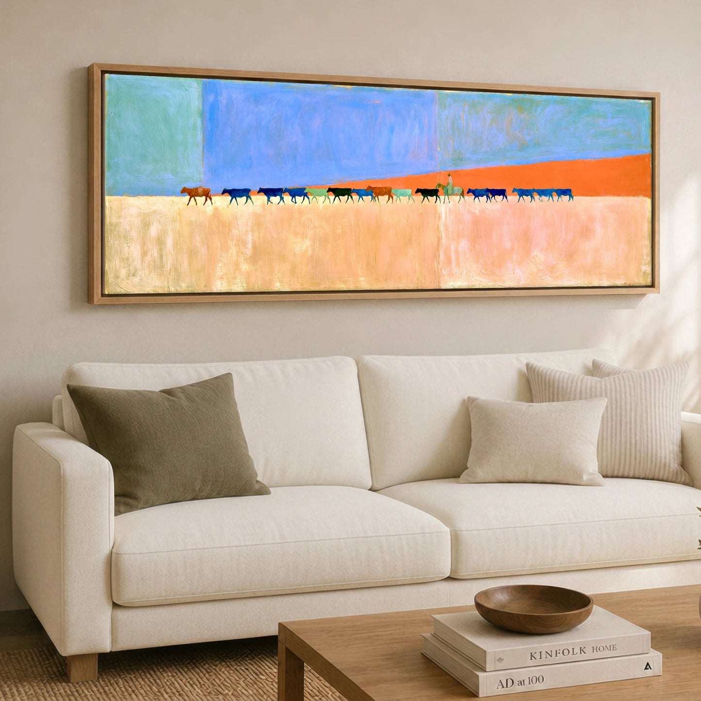Painted Desert Drive Western Horse panoramic canvas wall art displayed above a sofa