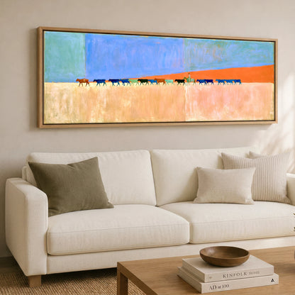 Painted Desert Drive Western Horse panoramic canvas wall art displayed above a sofa