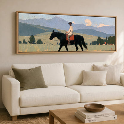 Across the Blue Ranges Horse Landscape panoramic canvas wall art displayed above a sofa