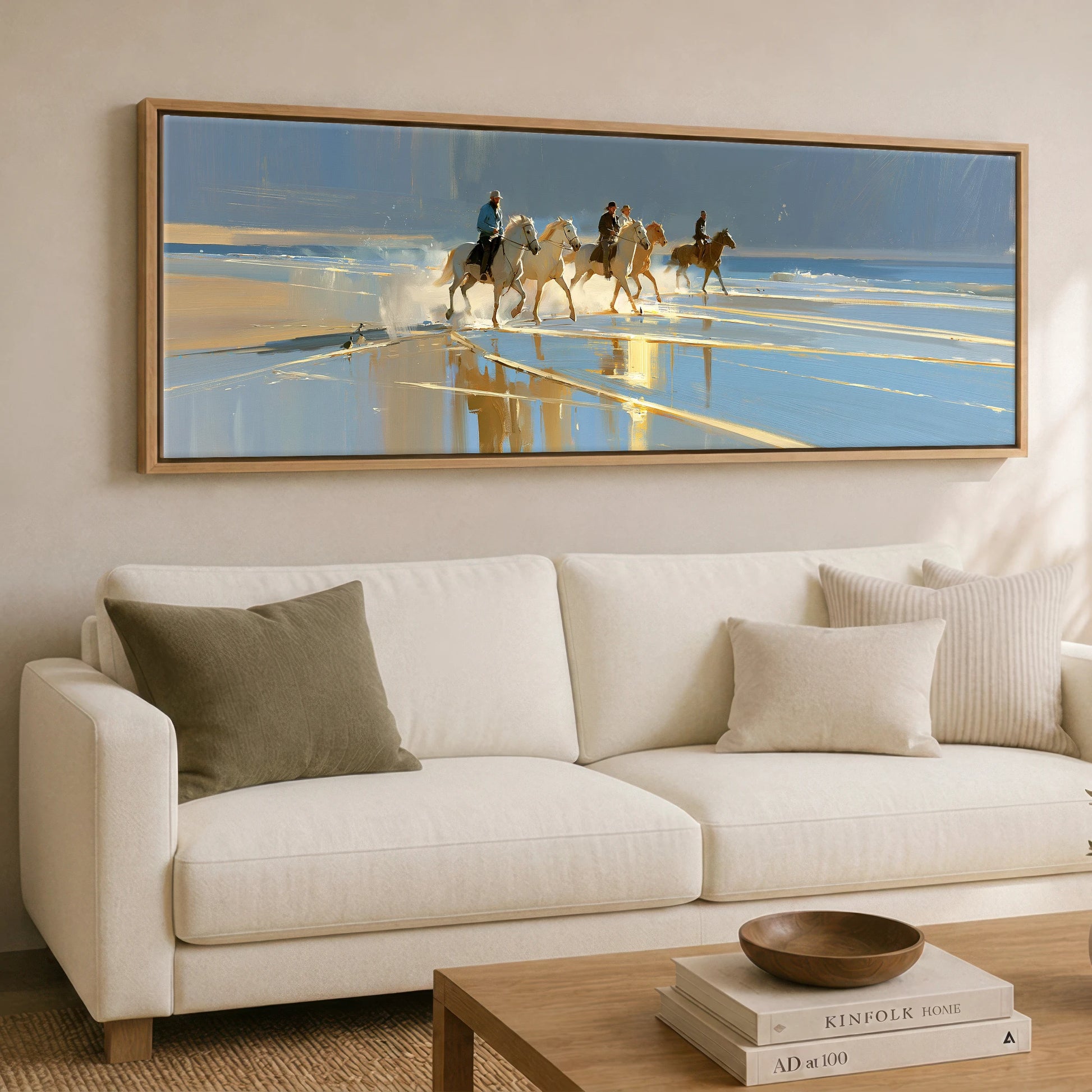 Sunlit Shoreline Ride Beach Horse panoramic canvas wall art displayed above a sofa