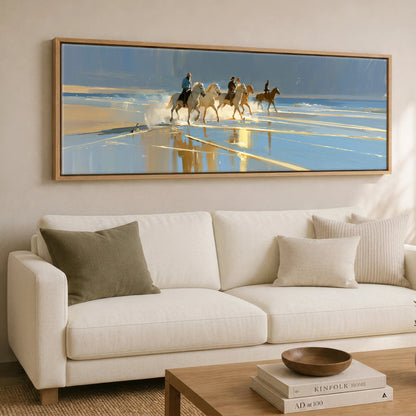 Sunlit Shoreline Ride Beach Horse panoramic canvas wall art displayed above a sofa