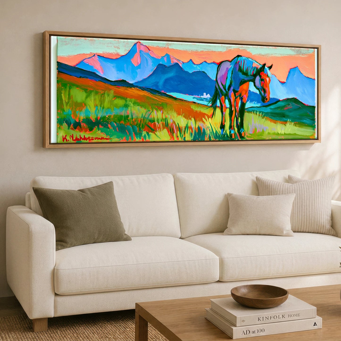 Technicolour Mountain Grazing Horse Landscape panoramic canvas wall art displayed above a sofa