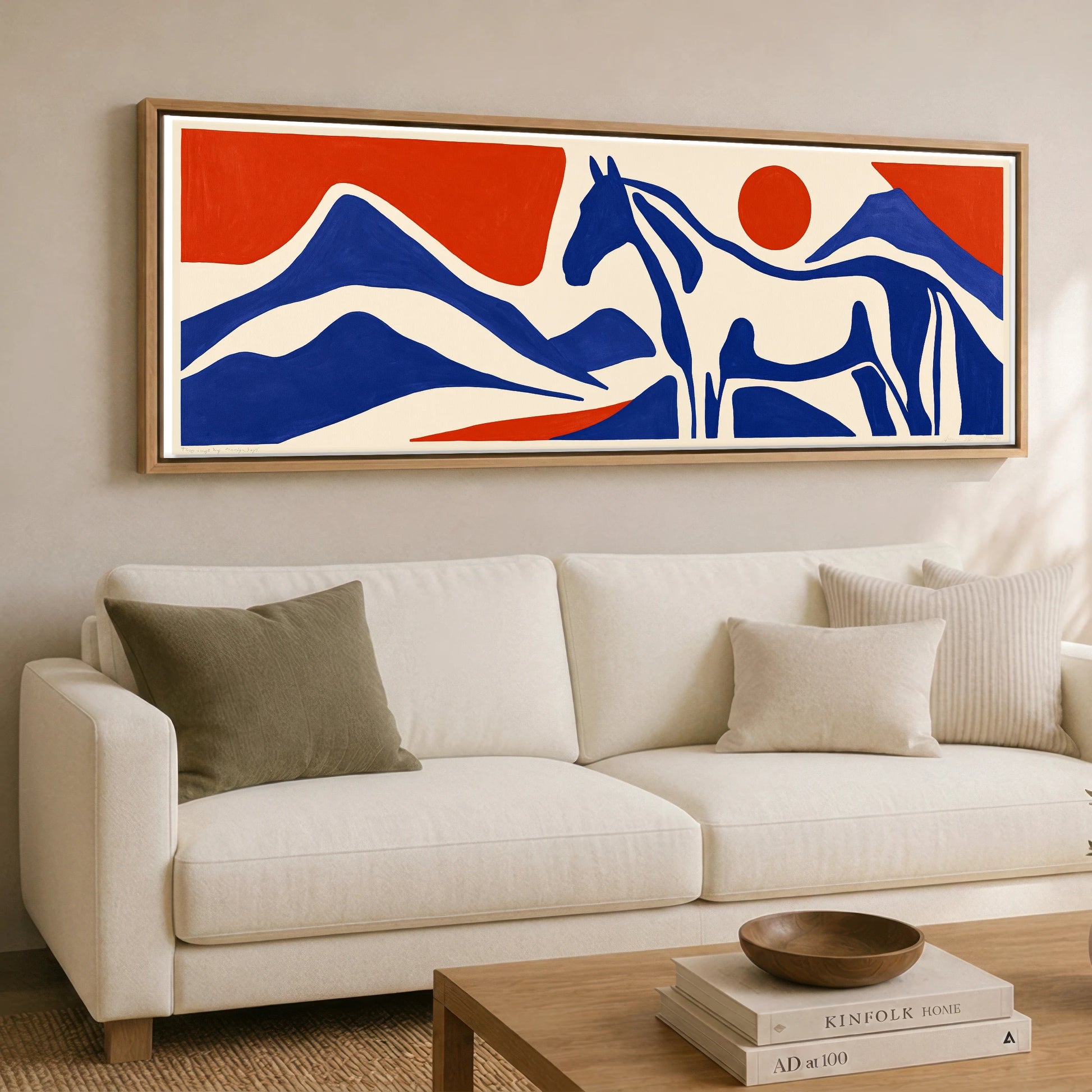 Cobalt Peaks Equine Horse Landscape panoramic canvas wall art displayed above a sofa