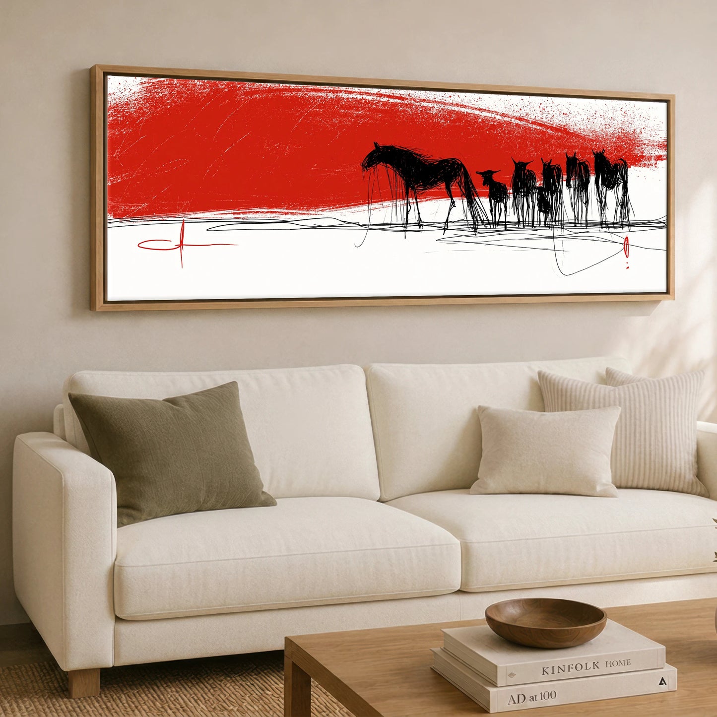 Crimson Horizon Herd Wild Horses panoramic canvas wall art displayed above a sofa