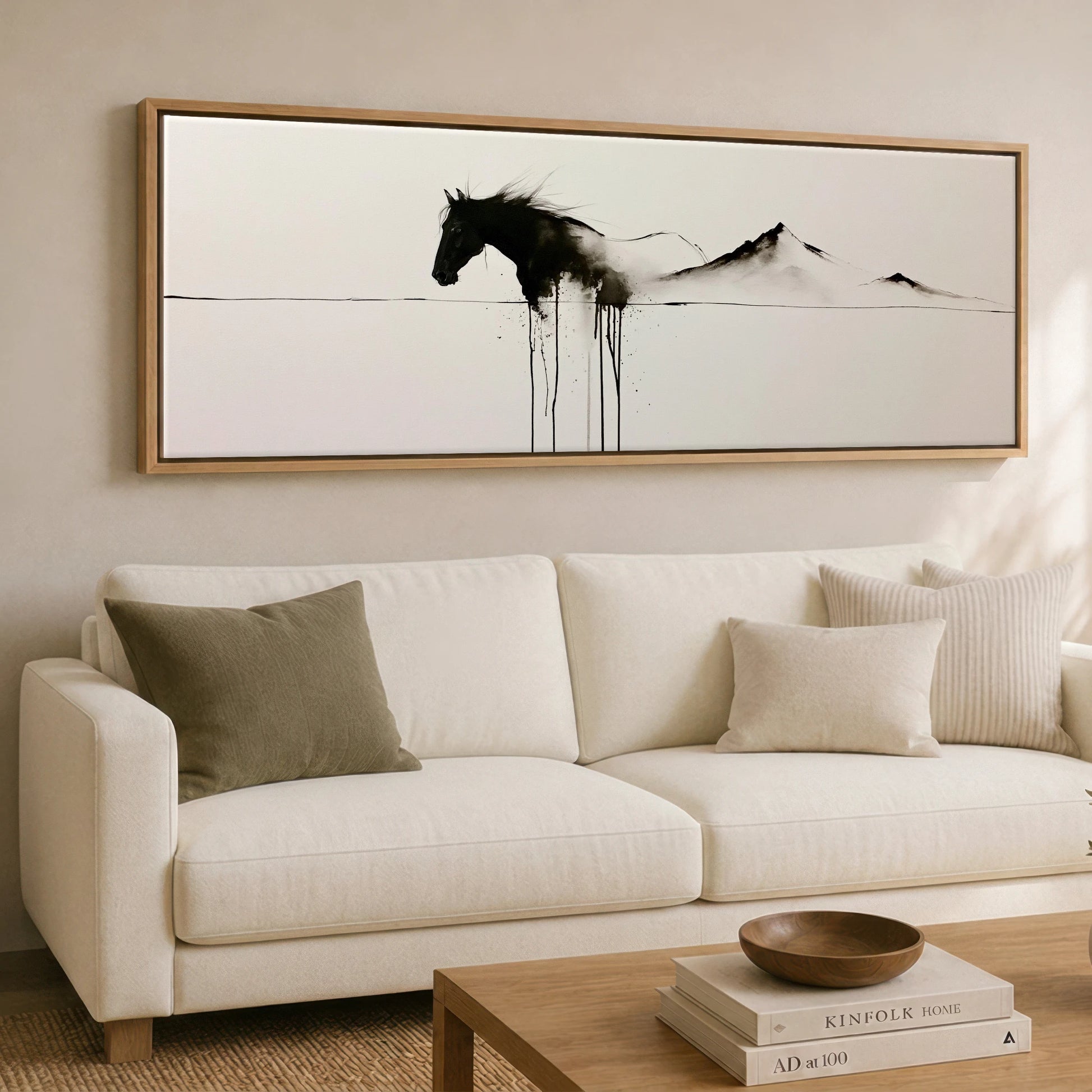 Equine Ink Horizon Horse Landscape panoramic canvas wall art displayed above a sofa