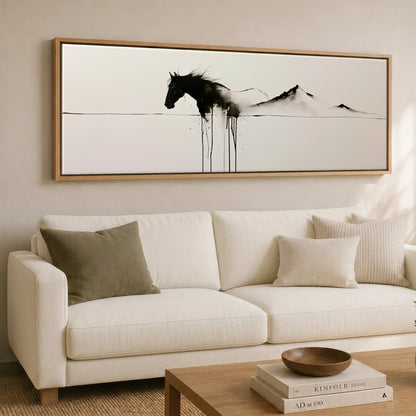 Equine Ink Horizon Horse Landscape panoramic canvas wall art displayed above a sofa