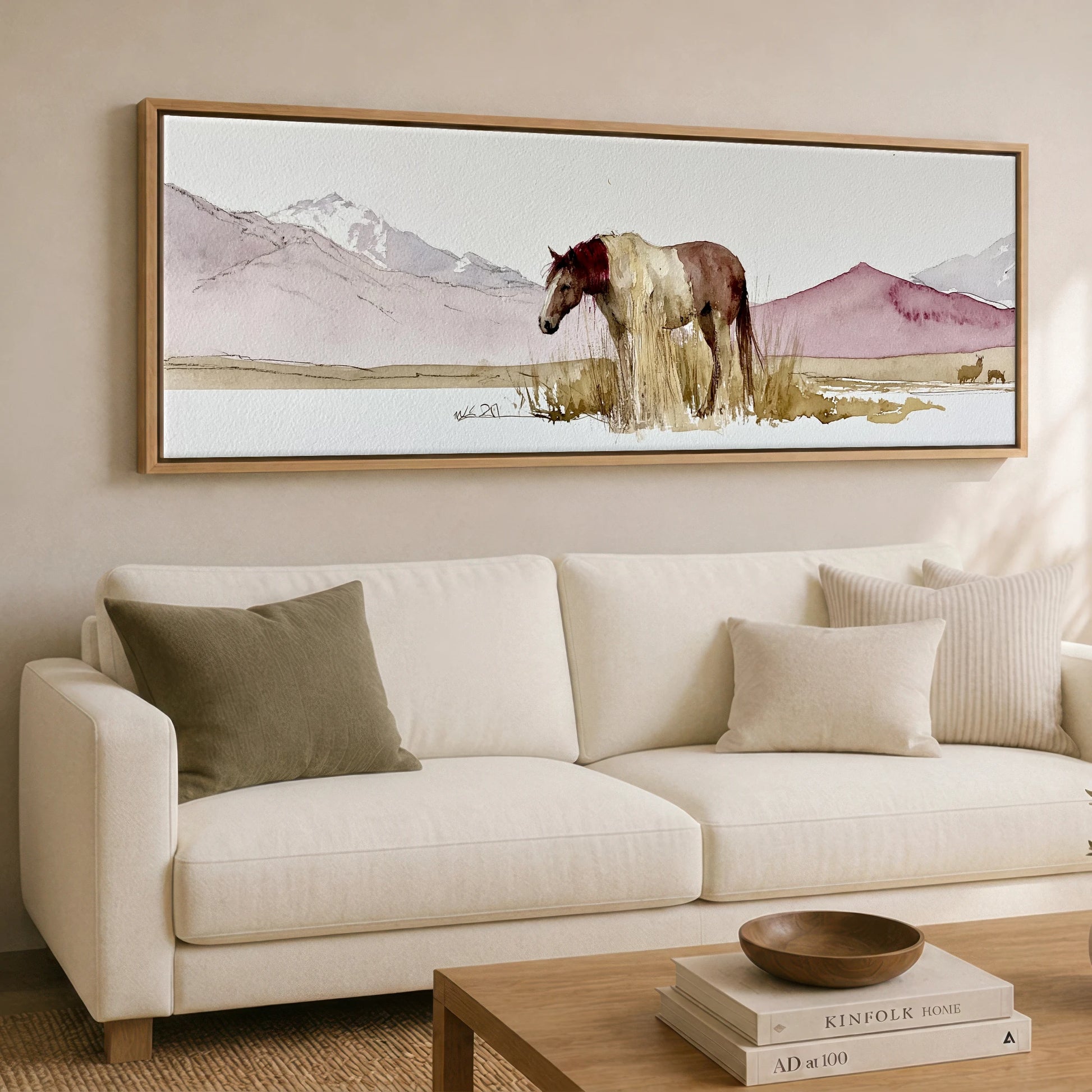 Quiet of the Range Horse Landscape panoramic canvas wall art displayed above a sofa