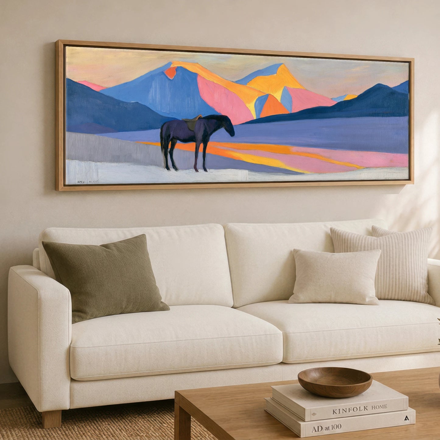 Vibrant Mountain Sentinel Horse Landscape panoramic canvas wall art displayed above a sofa