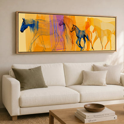 Cobalt and Amber Symphony Mare & Foal panoramic canvas wall art displayed above a sofa