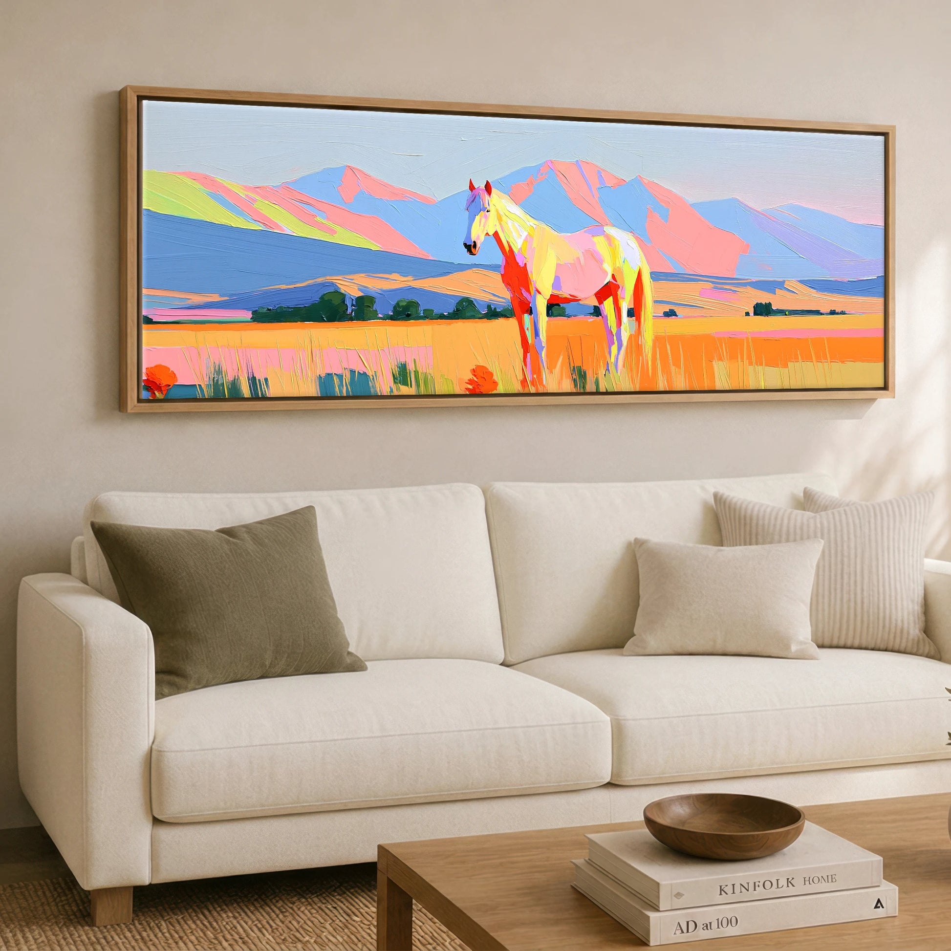 Technicolour Mountain Pasture Horse Landscape panoramic canvas wall art displayed above a sofa