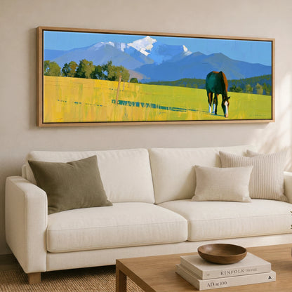 High Country Summer Horse Landscape panoramic canvas wall art displayed above a sofa