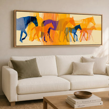 Vibrant Generations Mare & Foal panoramic canvas wall art displayed above a sofa