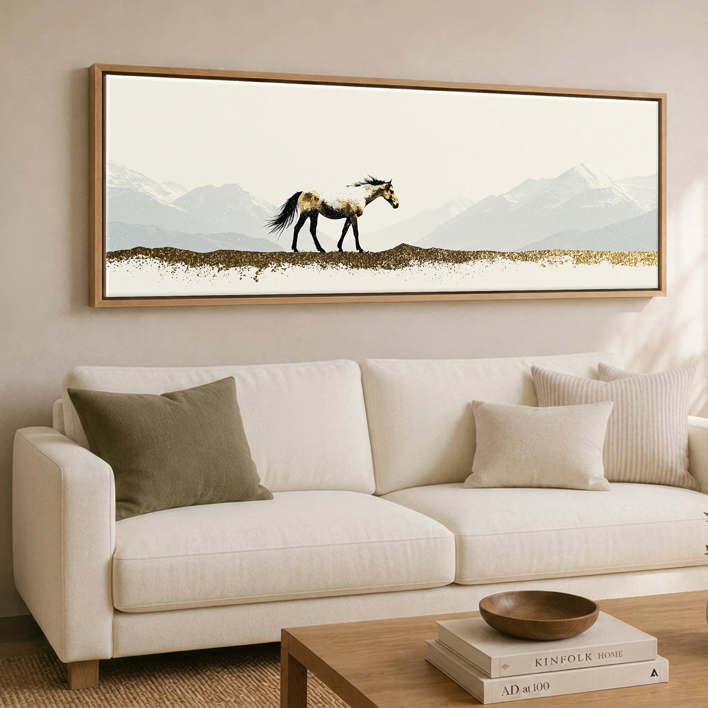 Gilded Alpine Wanderer Horse Landscape panoramic canvas wall art displayed above a sofa