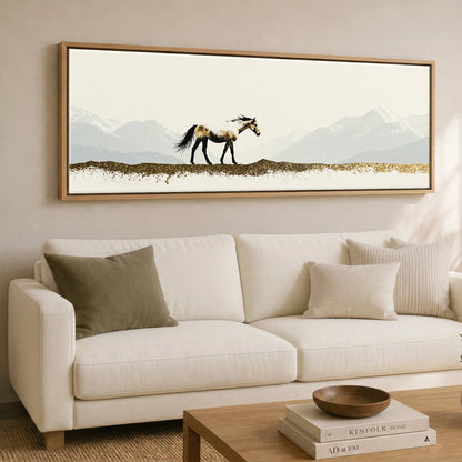 Gilded Alpine Wanderer Horse Landscape panoramic canvas wall art displayed above a sofa