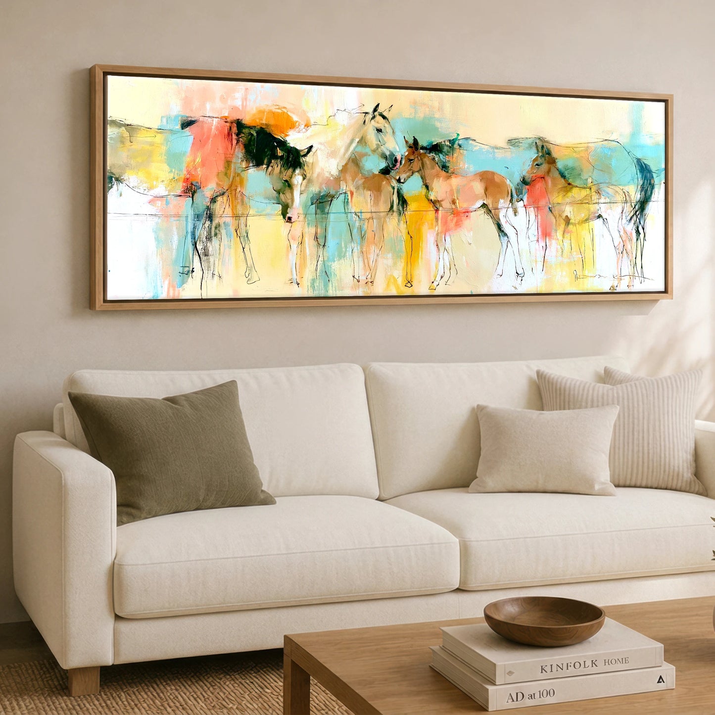 Vibrant Pasture Companions Mare & Foal panoramic canvas wall art displayed above a sofa
