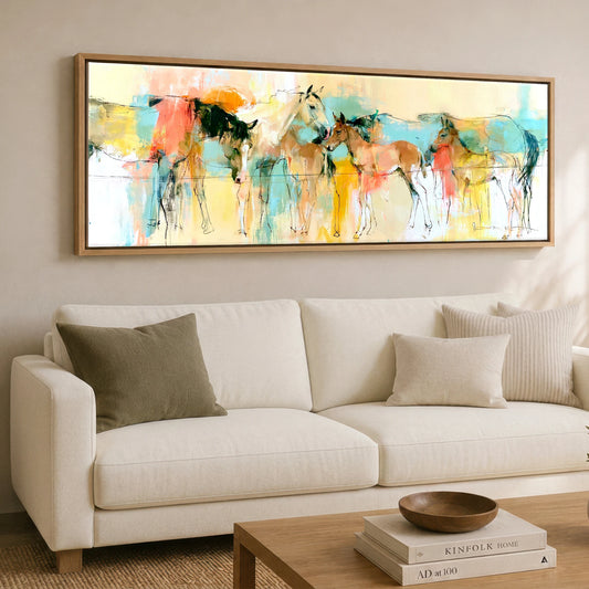 Vibrant Pasture Companions Mare & Foal panoramic canvas wall art displayed above a sofa