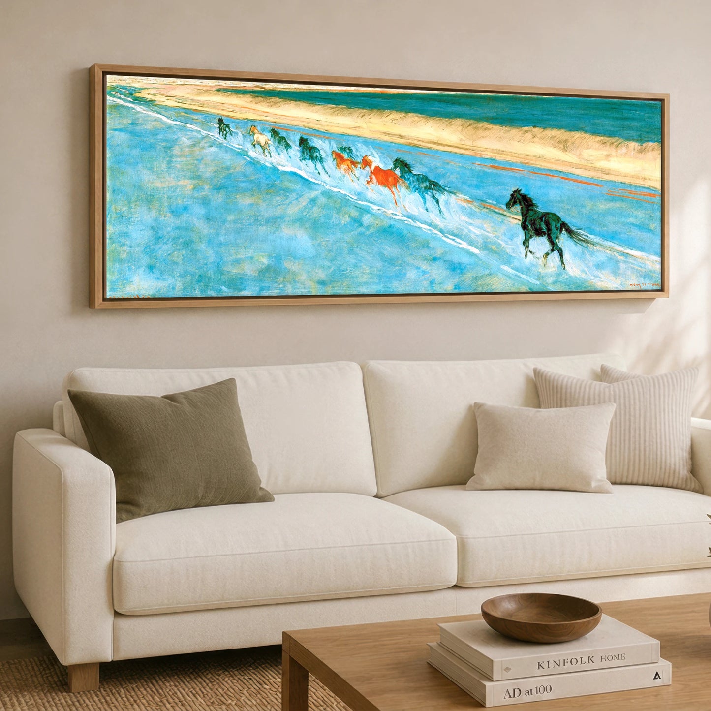 Azure Surf Gallop Beach Horse panoramic canvas wall art displayed above a sofa