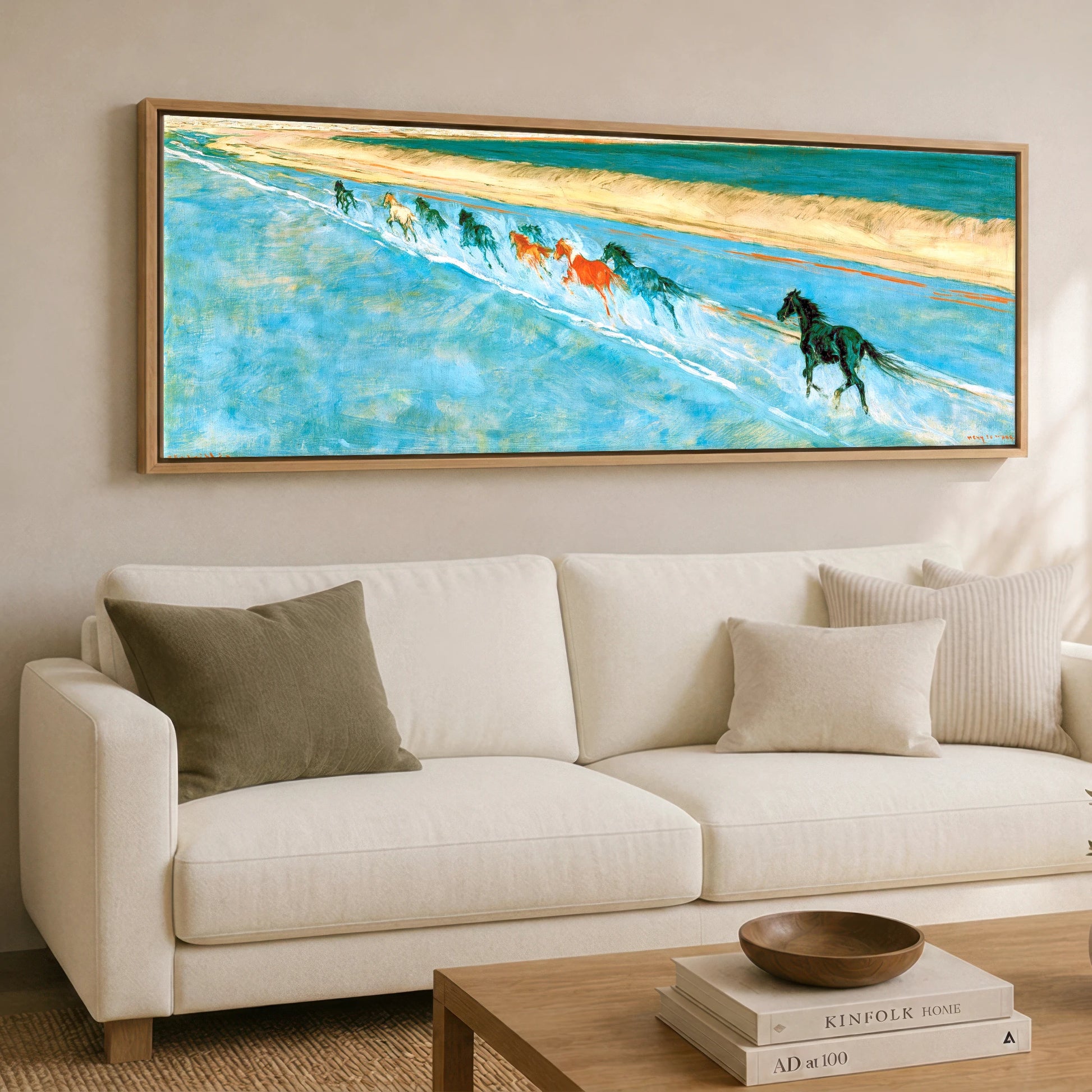 Azure Surf Gallop Beach Horse panoramic canvas wall art displayed above a sofa