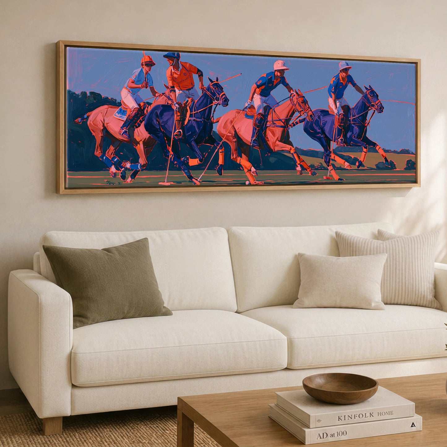 Vibrant Polo Charge Polo Horse panoramic canvas wall art displayed above a sofa