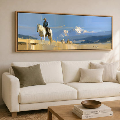High Country Range Horse Landscape panoramic canvas wall art displayed above a sofa