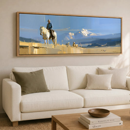 High Country Range Horse Landscape panoramic canvas wall art displayed above a sofa