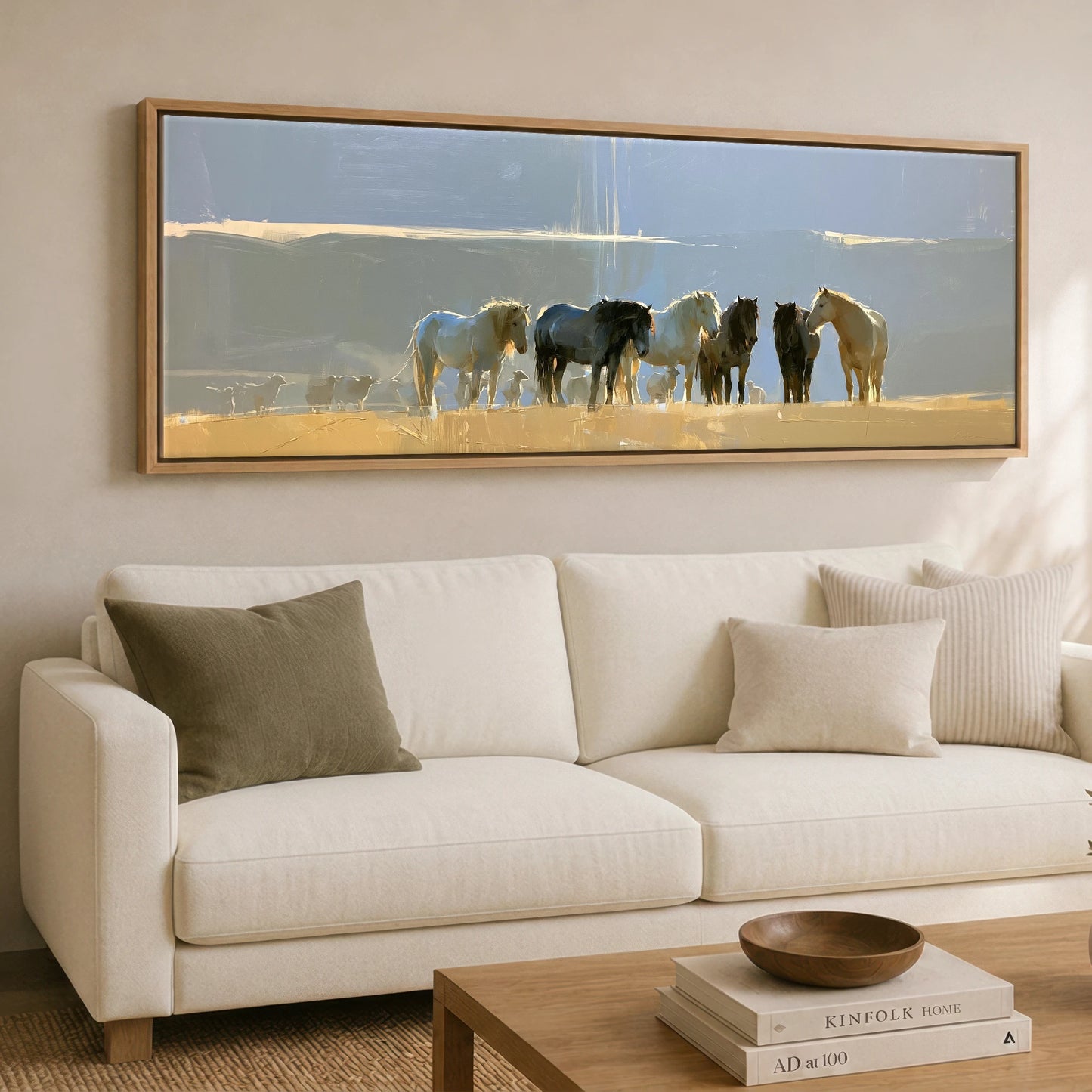 Sunlit Pasture Gathering Horse Landscape panoramic canvas wall art displayed above a sofa