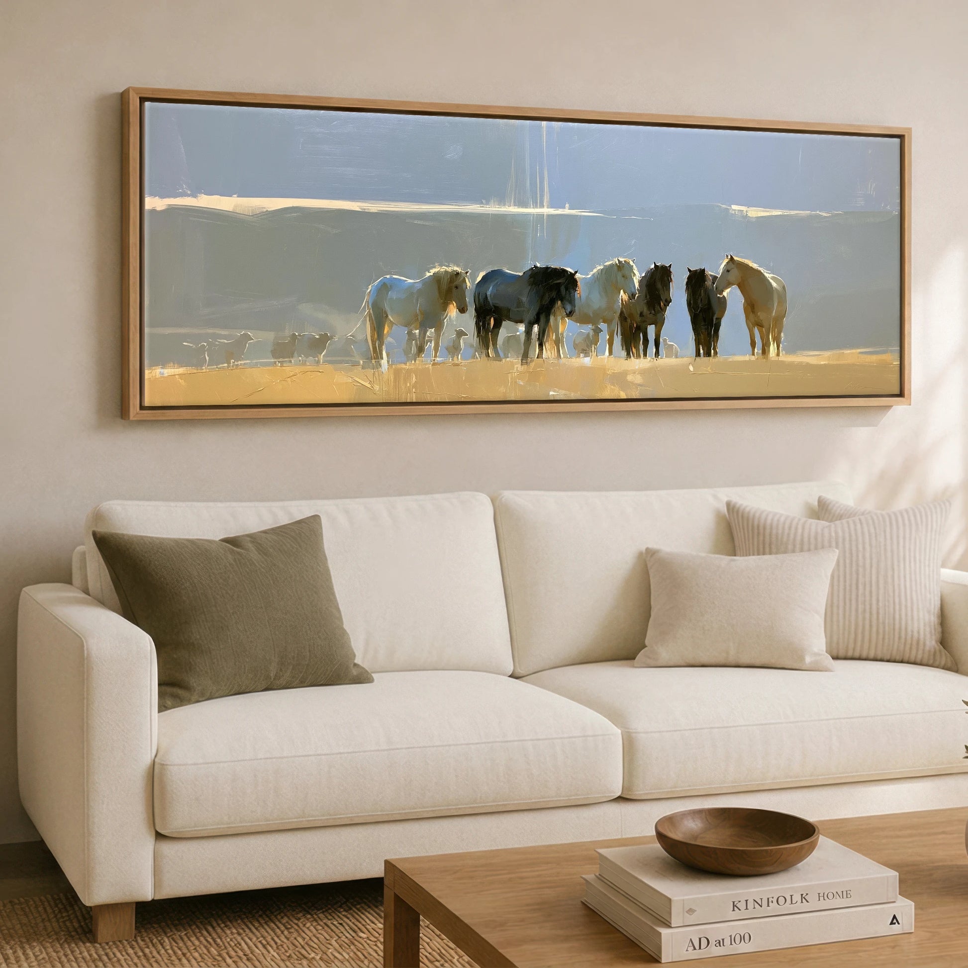 Sunlit Pasture Gathering Horse Landscape panoramic canvas wall art displayed above a sofa