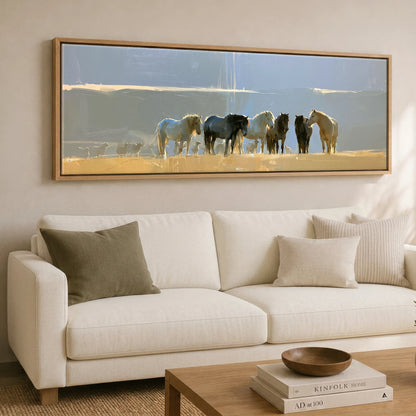 Sunlit Pasture Gathering Horse Landscape panoramic canvas wall art displayed above a sofa