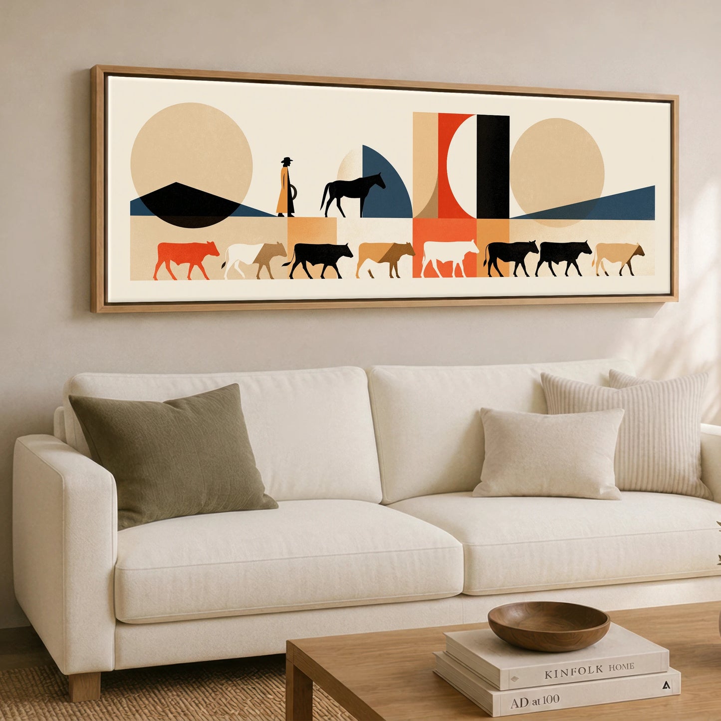 The Drover's Line Western Horse panoramic canvas wall art displayed above a sofa