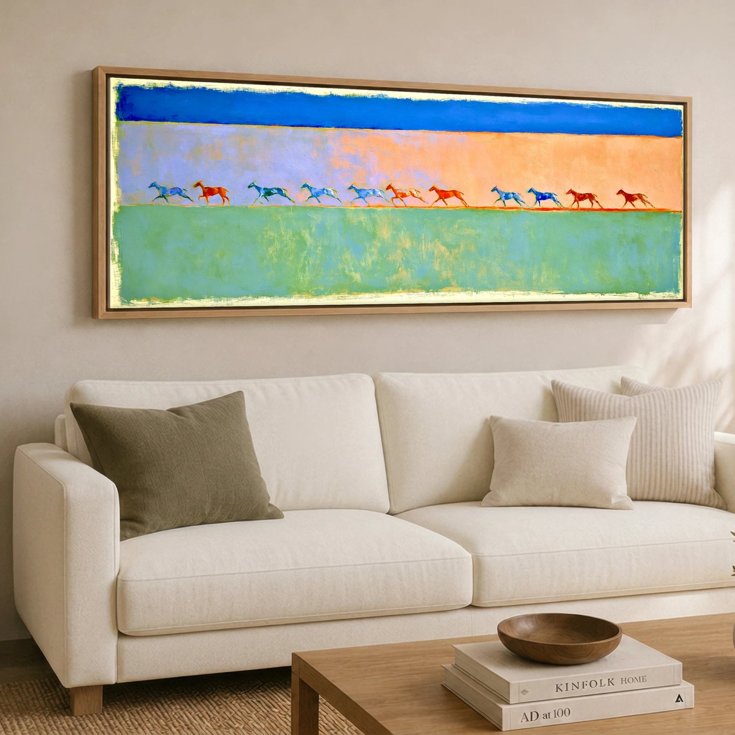 Rhythm in Colour Polo Horse panoramic canvas wall art displayed above a sofa