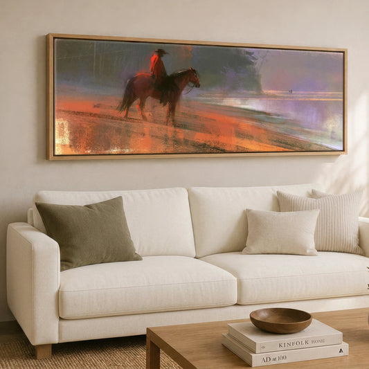Shoreline Solitude Horse Landscape panoramic canvas wall art displayed above a sofa