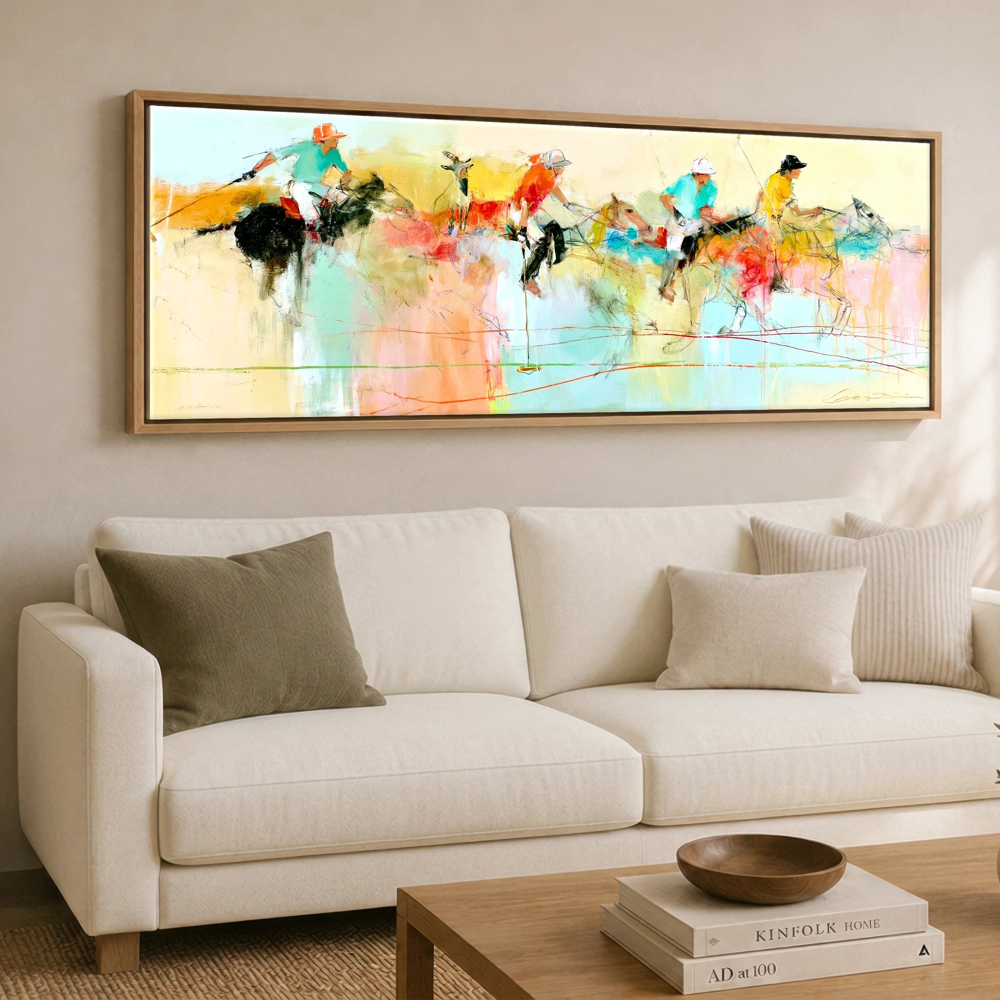 Vibrant Polo Pursuit Polo Horse panoramic canvas wall art displayed above a sofa