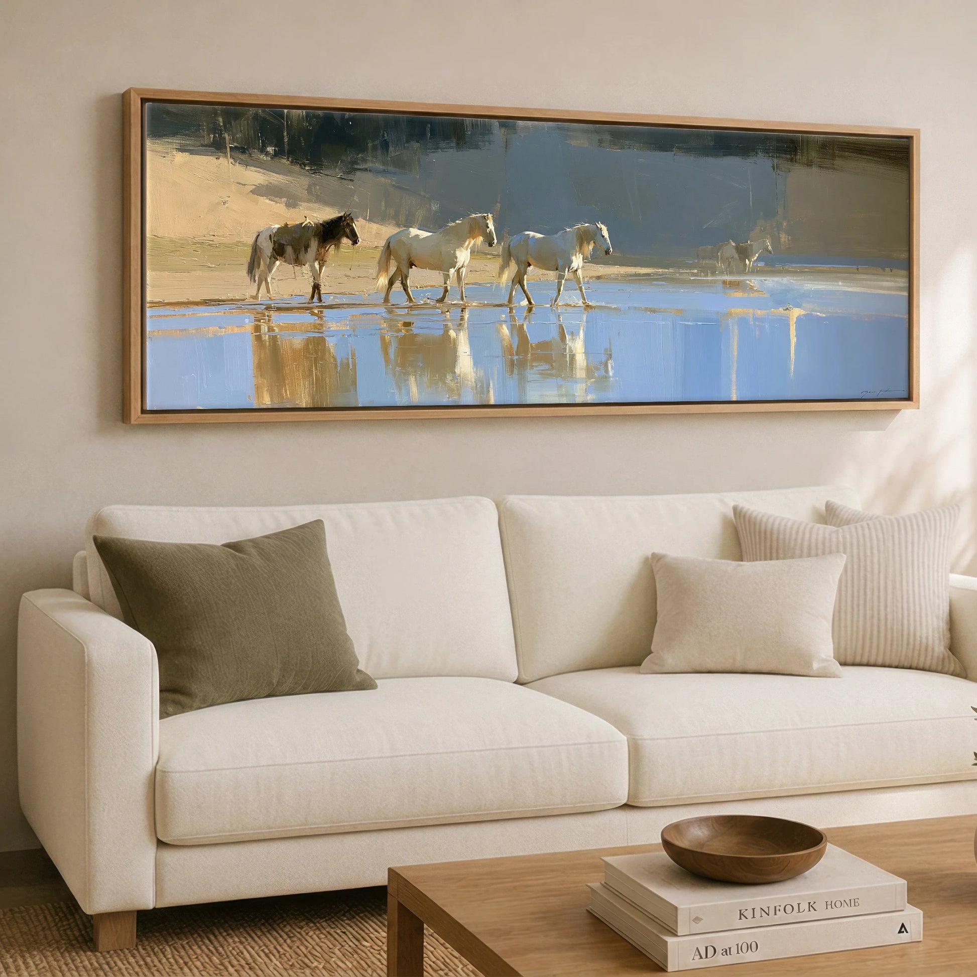 Sunlit Shallows Horse Landscape panoramic canvas wall art displayed above a sofa