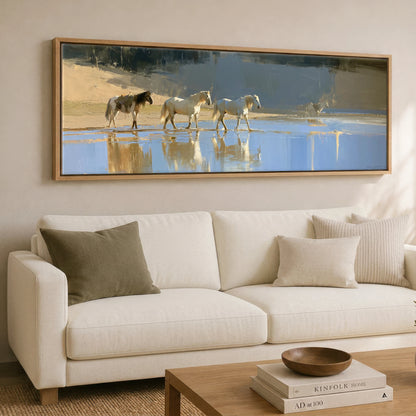 Sunlit Shallows Horse Landscape panoramic canvas wall art displayed above a sofa