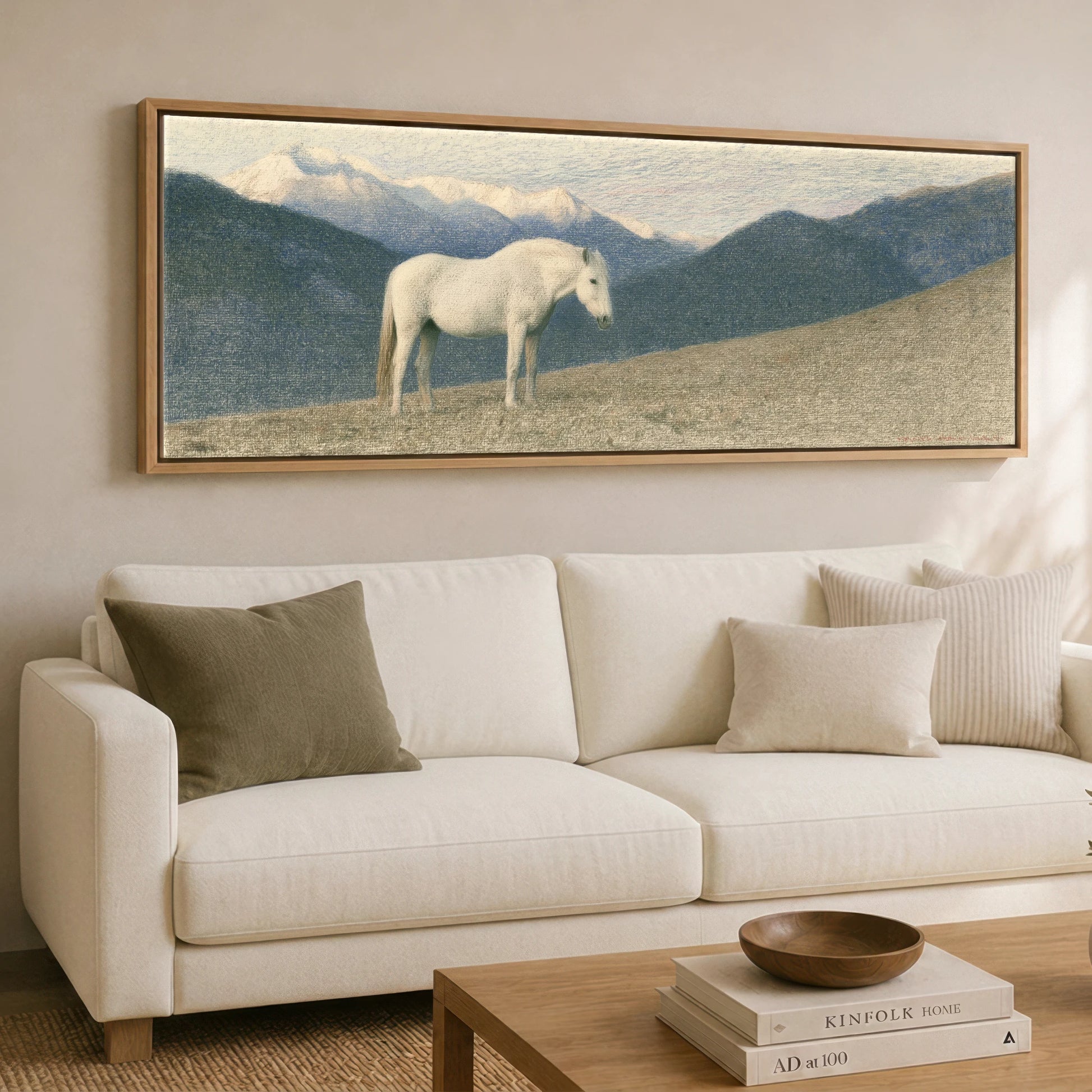 Highland Stillness Horse Landscape panoramic canvas wall art displayed above a sofa