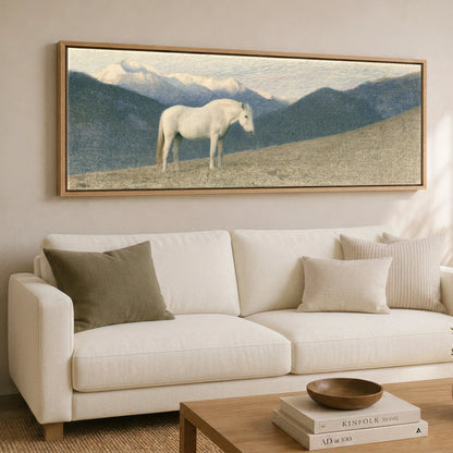 Highland Stillness Horse Landscape panoramic canvas wall art displayed above a sofa