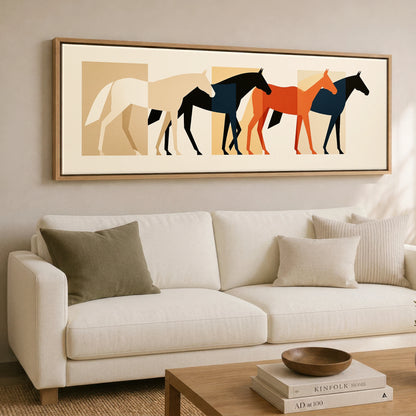 Modernist Herd Horse Landscape panoramic canvas wall art displayed above a sofa