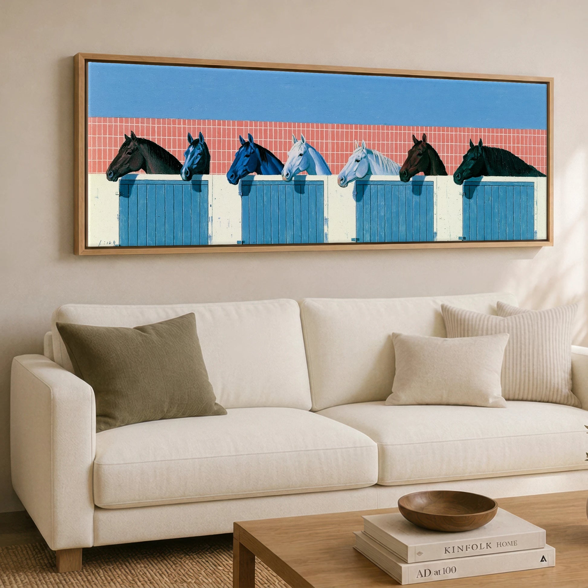 Yard Watch Horse Stable panoramic canvas wall art displayed above a sofa