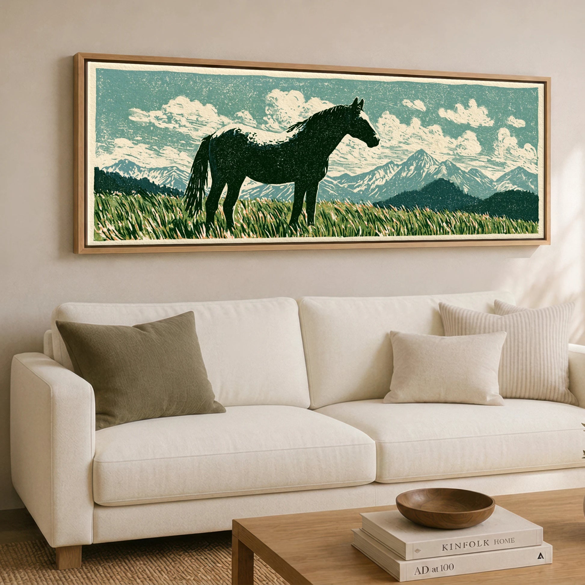 Rustic Range Silhouette Horse Landscape panoramic canvas wall art displayed above a sofa