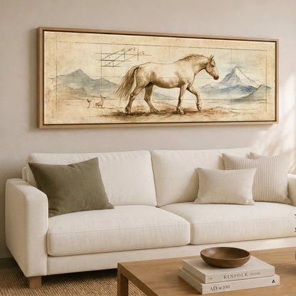 Classical Equine Study Horse Landscape panoramic canvas wall art displayed above a sofa