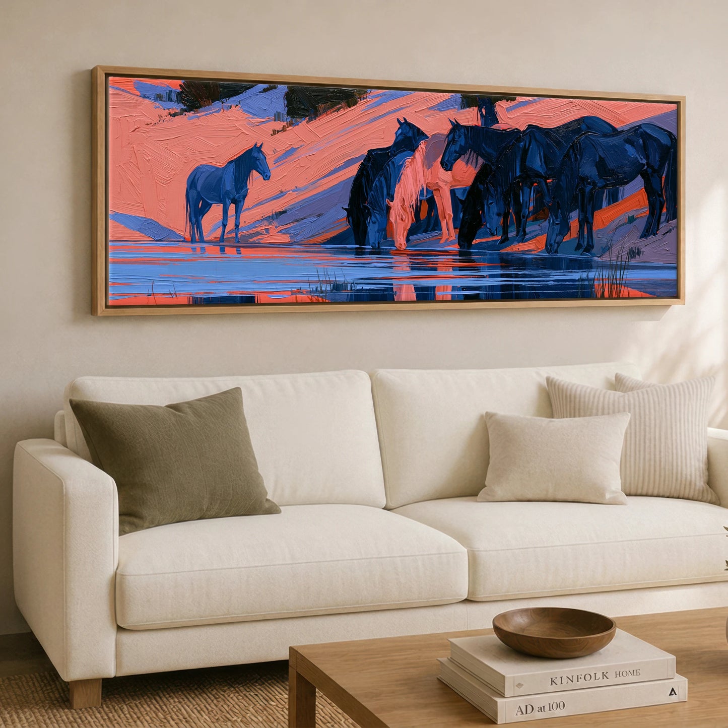 Indigo and Coral Herd Wild Horses panoramic canvas wall art displayed above a sofa