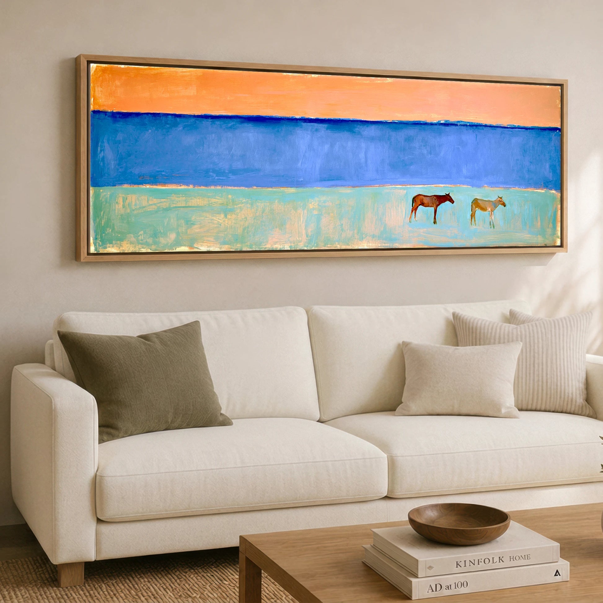 Coastal Pastures Horse Landscape panoramic canvas wall art displayed above a sofa