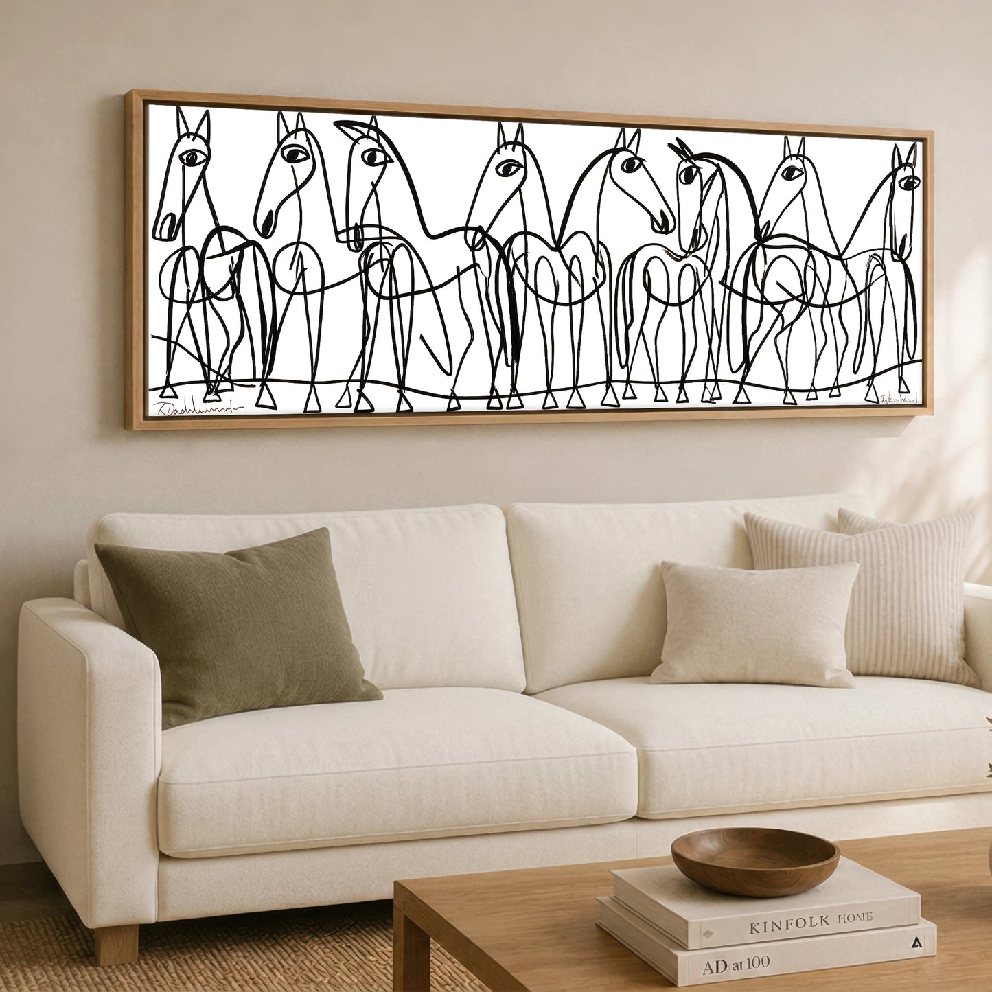 The Line Drawn Herd Horse Landscape panoramic canvas wall art displayed above a sofa