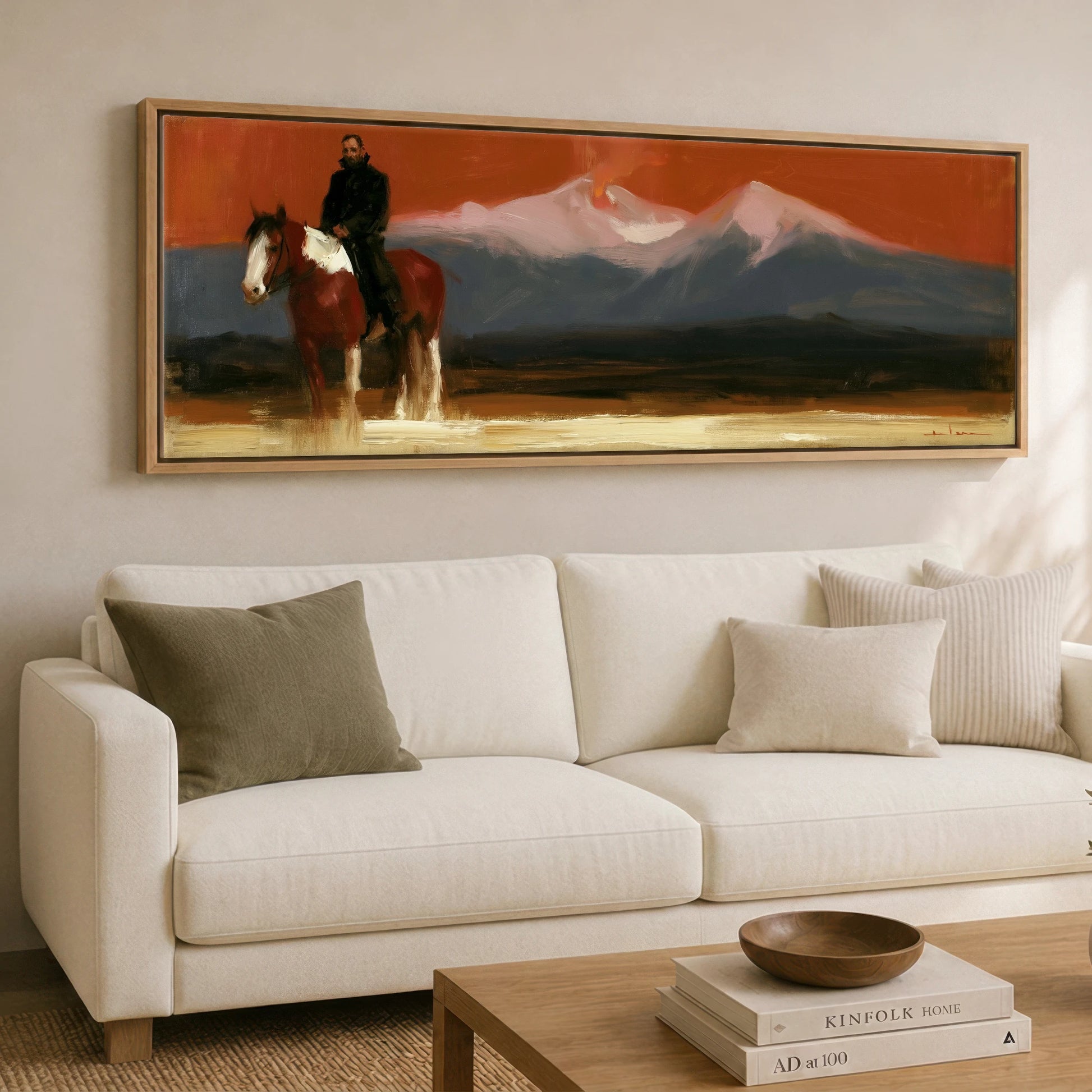 The Vast Horizon Horse Landscape panoramic canvas wall art displayed above a sofa