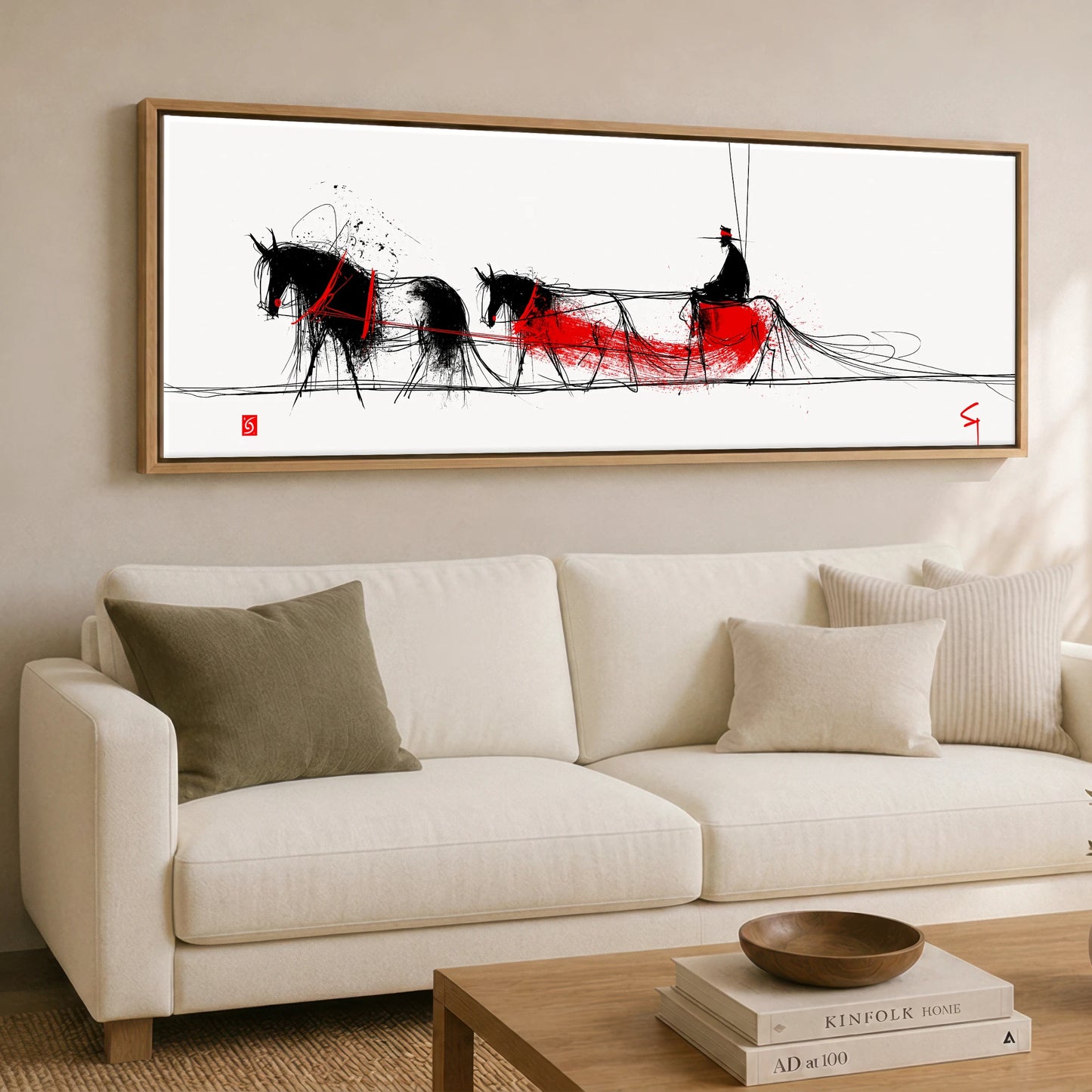 Crimson Ink Drive Working Horse panoramic canvas wall art displayed above a sofa