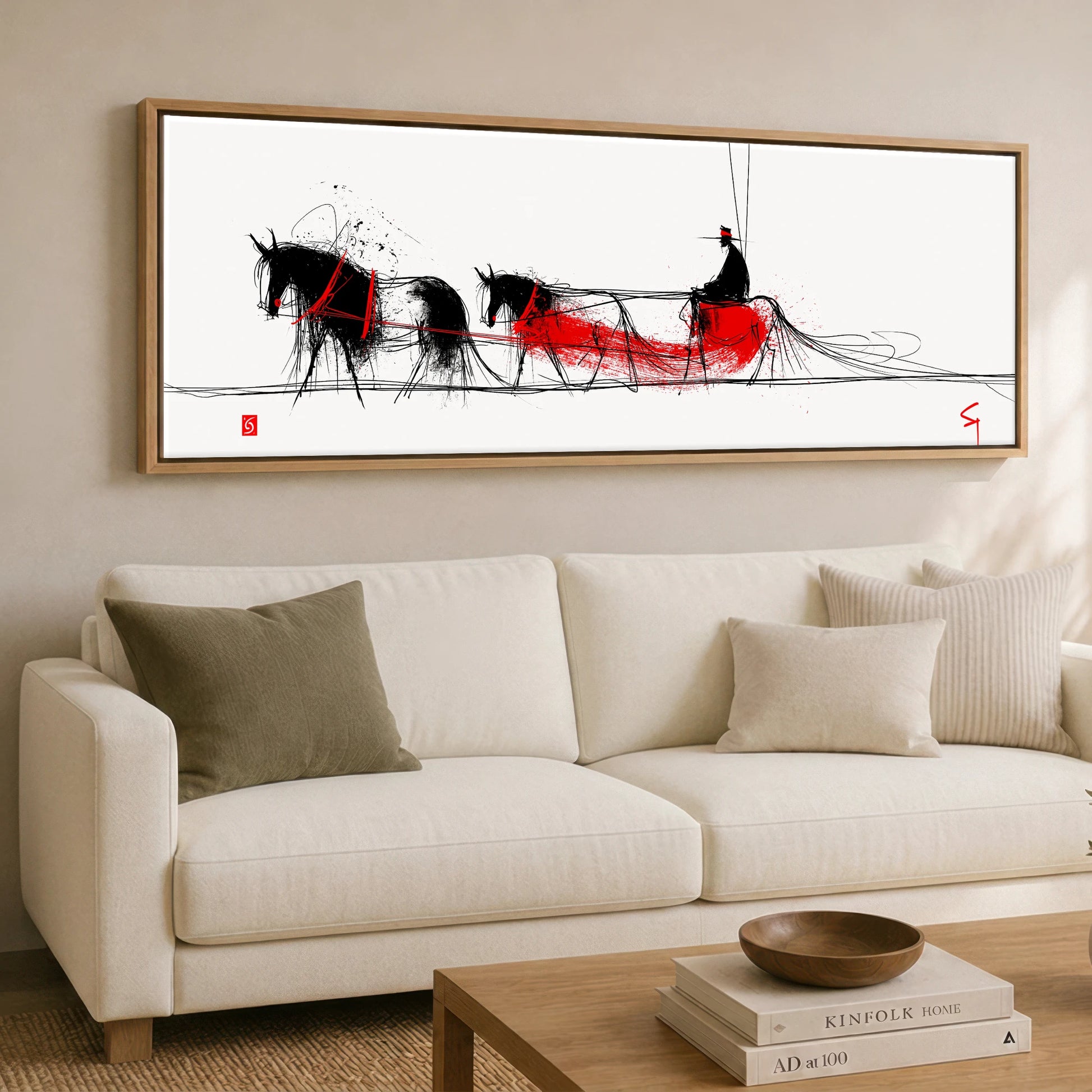 Crimson Ink Drive Working Horse panoramic canvas wall art displayed above a sofa