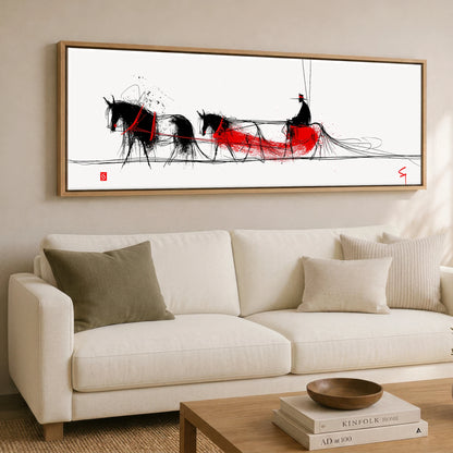 Crimson Ink Drive Working Horse panoramic canvas wall art displayed above a sofa