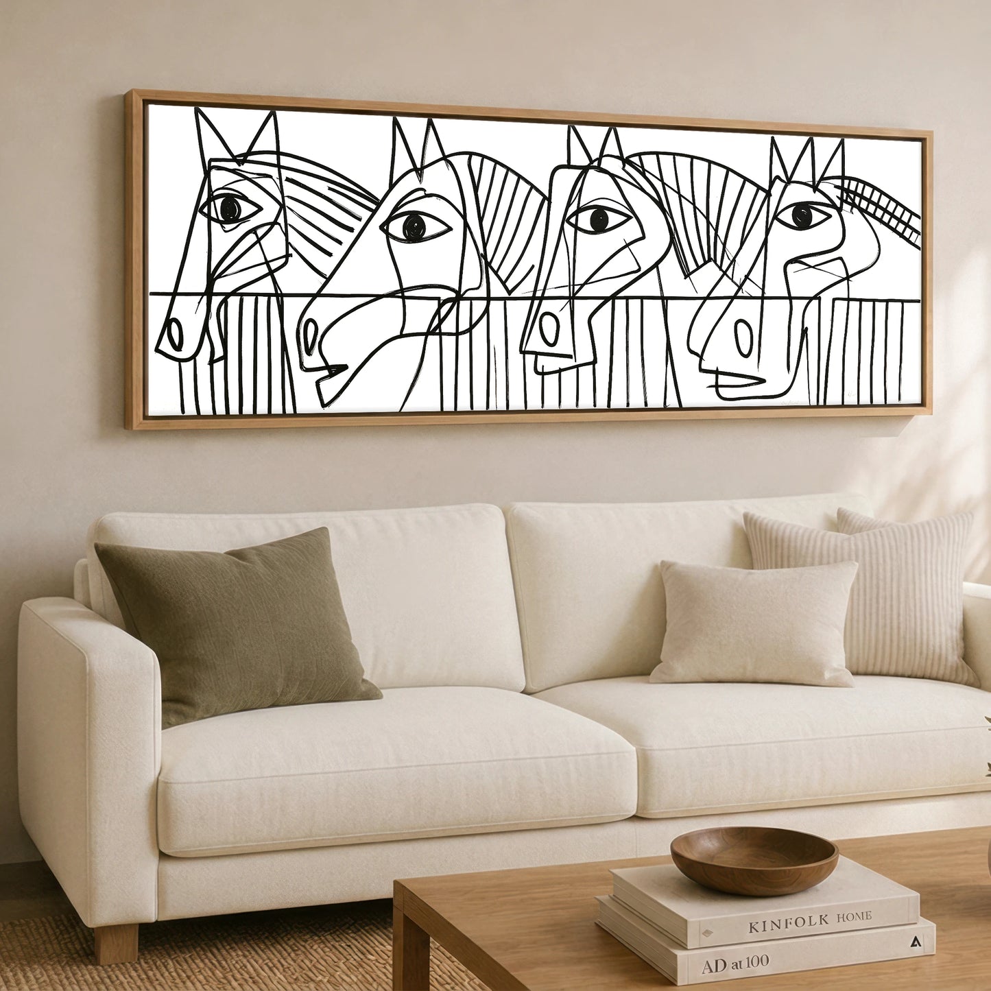 Modern Yard Lineup Horse Stable panoramic canvas wall art displayed above a sofa